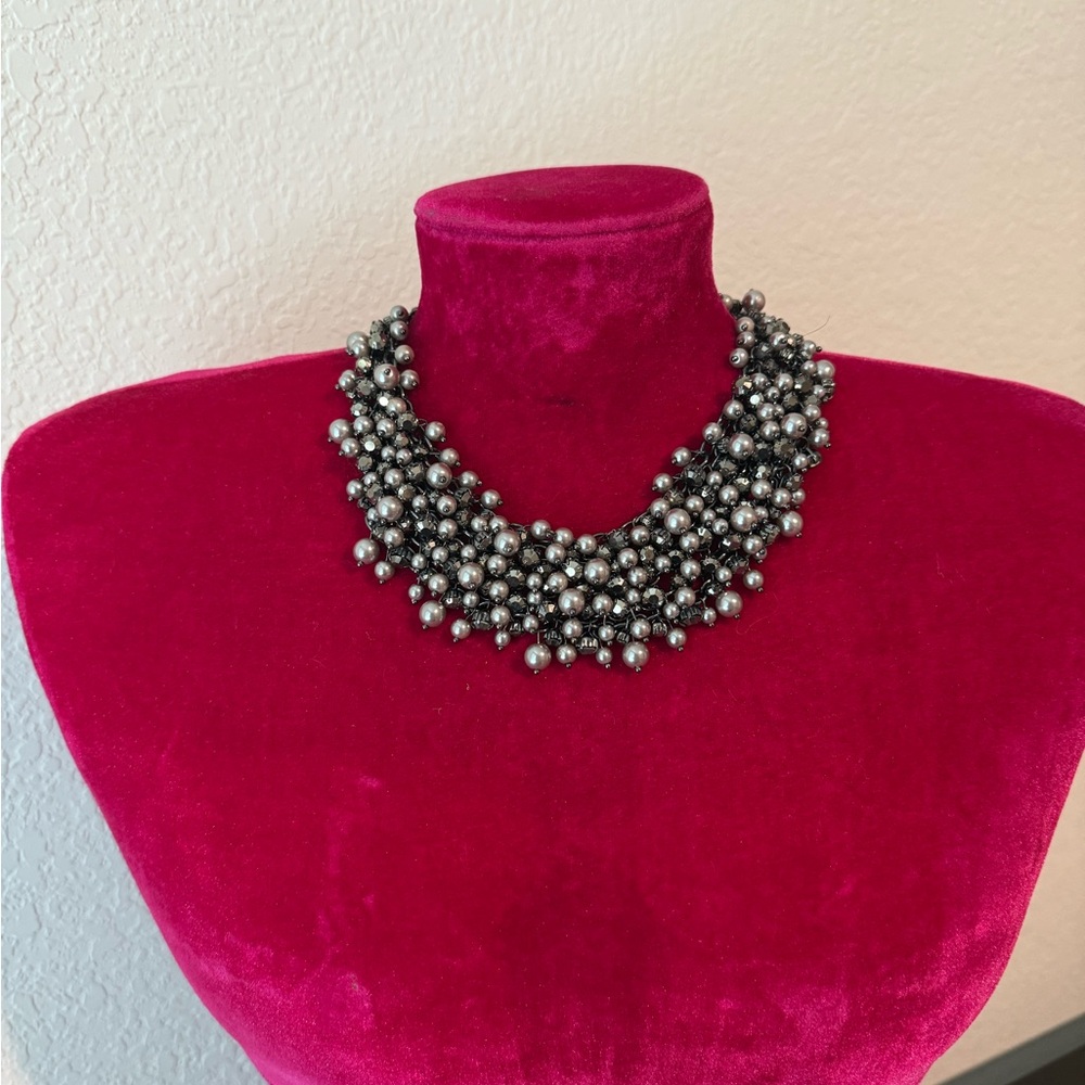 Natasha Couture Silver Pearls and Rhinestones Bib Necklace